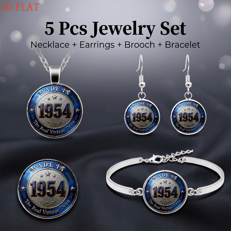 5pc Vintage-Inspired 1954-Themed Necklace, Earrings & Brooch Set